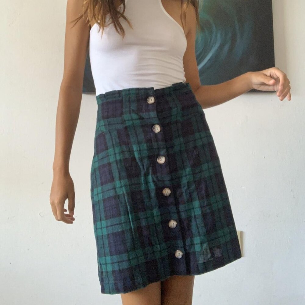 Volcom Button-Front Green and Blue Plaid Skirt Size M NWOT
